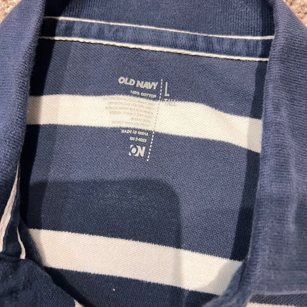 Old Navy 100% Cotton Polo Shirt Mens Navy And White Striped Y2K Size L Spring 09